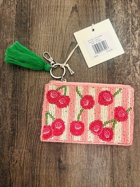 Beaded Cherry Pink & White Stripe Zip Pouch with Keychain & Green Tassel NWT